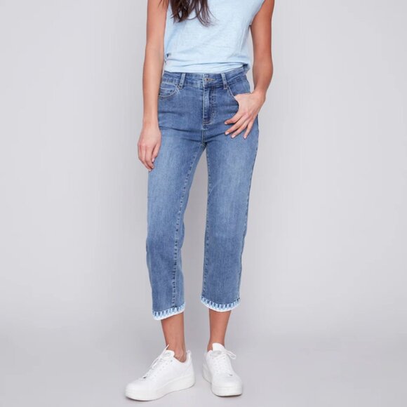 CHARLIE B Denim - LIKE NEW Charlie B 11Straight Leg Jeans with Embroidered Stitch Hem - Med Blue